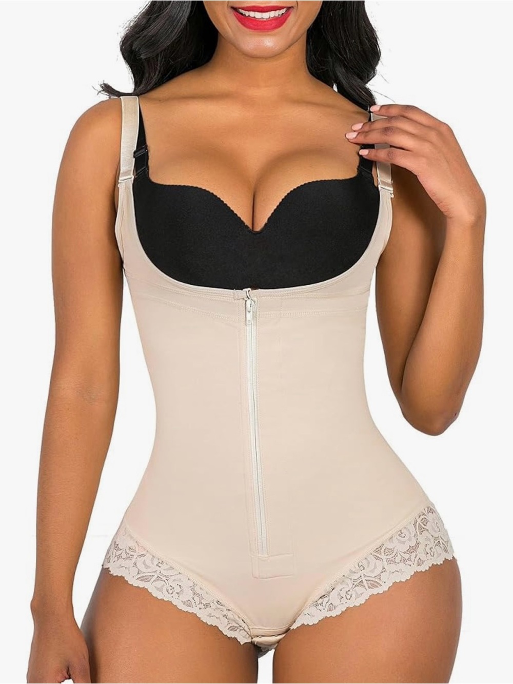 ShaperX Beige Front-Zip Shapewear Compression Bodysuit with Lace Trim